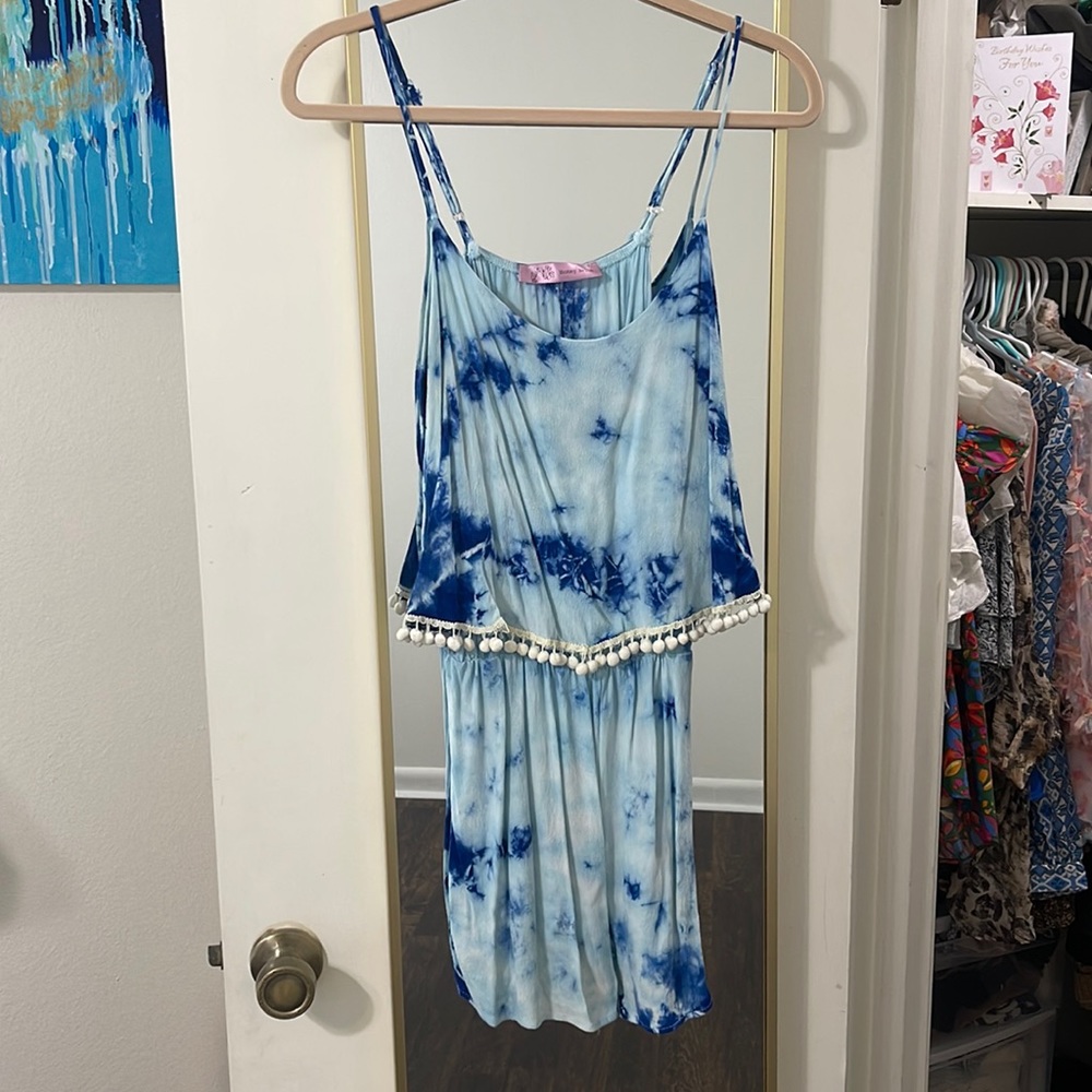 Blue Tie Dye Pom Pom Romper